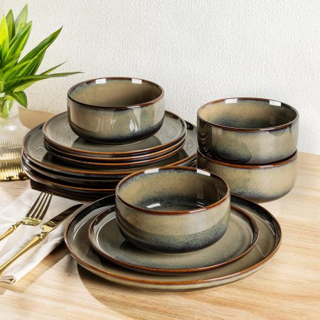 Handcrafted Reactive Glaze Ceramic Dinnerware Set (12 pieces/4 servings), Scratch-Resistant and Durable, Oven, Microwave and Dishwasher Safe