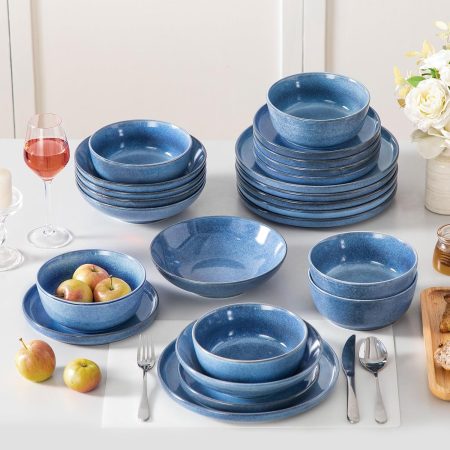 Blue Reactive Glaze Ceramic Dinnerware Set (24 pieces/6 servings), Microwave and Dishwasher Safe