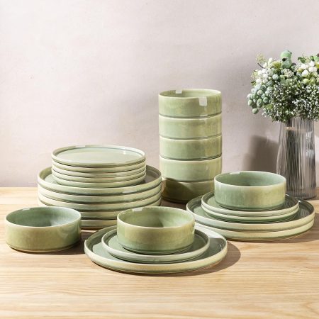 Handmade Reactive Glaze Ceramic Dinnerware Set (24 pieces/8 servings), Crack and Scratch Resistant, Microwave and Dishwasher Safe